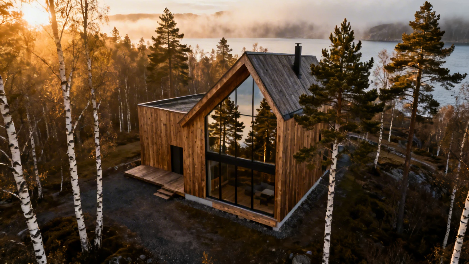 Maison scandinave en bois au coeur d'une foret nordique